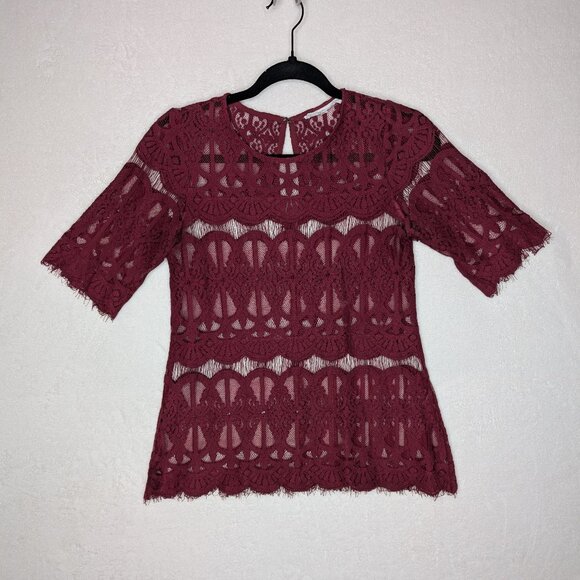 BCBGeneration Red Lace Short Sleeve Fringed Blouse Size XS/S - Picture 1 of 12